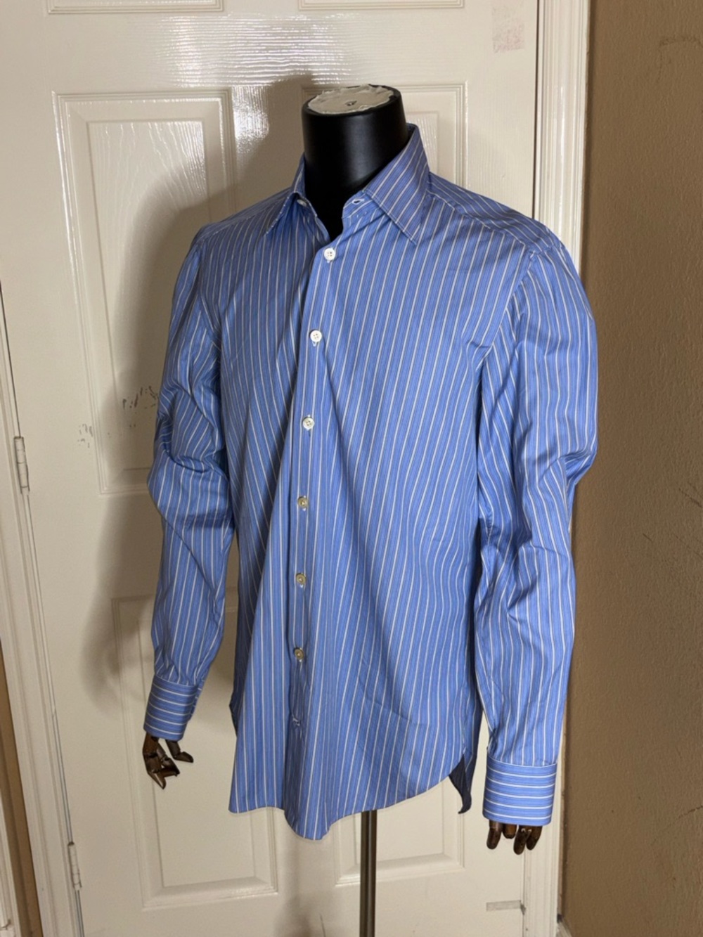 KITON 100% COTTON ITALIAN MADE DRESS SHIRT 16 1/2x33 LT BLUE & WHITE STRIPES - Picture 2 of 10